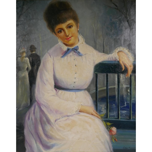 861 - Portrait of a woman in white, French impressionist style, oil on canvas laid on board, 53 x 66cm