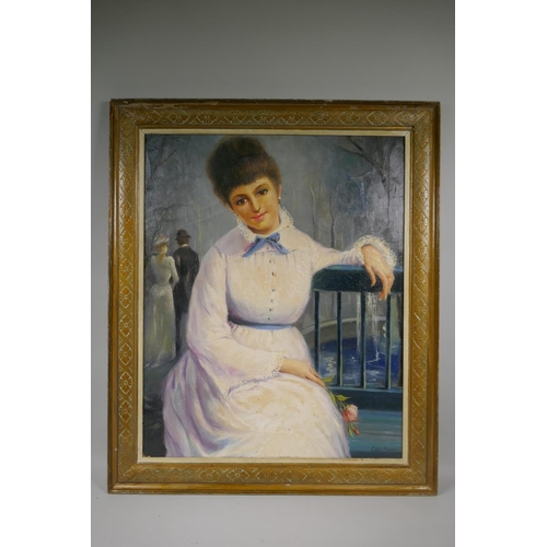 861 - Portrait of a woman in white, French impressionist style, oil on canvas laid on board, 53 x 66cm