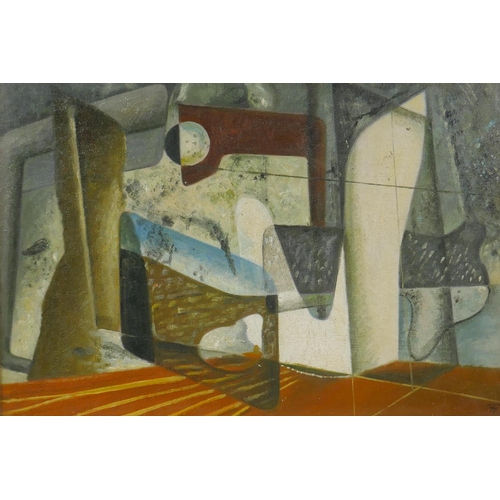 868 - In the manner of John Tunnard, (British, 1900-1971), modernist abstract, oil on canvas, 45 x 30cm