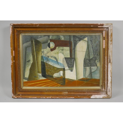 868 - In the manner of John Tunnard, (British, 1900-1971), modernist abstract, oil on canvas, 45 x 30cm