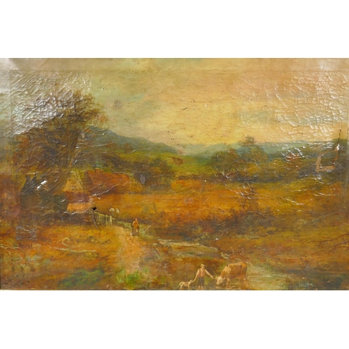 872 - Landscape with figure, dog and cattle to foreground, C19th, indistinctly signed, AF for restoration,... 