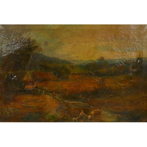 872 - Landscape with figure, dog and cattle to foreground, C19th, indistinctly signed, AF for restoration,... 