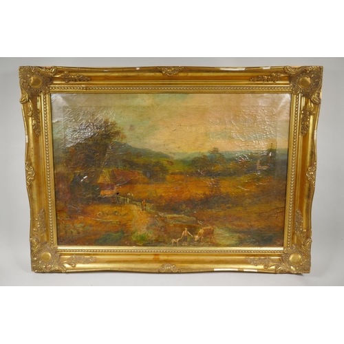 872 - Landscape with figure, dog and cattle to foreground, C19th, indistinctly signed, AF for restoration,... 