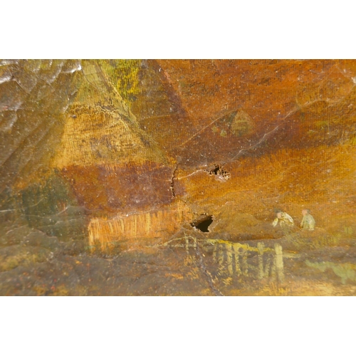 872 - Landscape with figure, dog and cattle to foreground, C19th, indistinctly signed, AF for restoration,... 