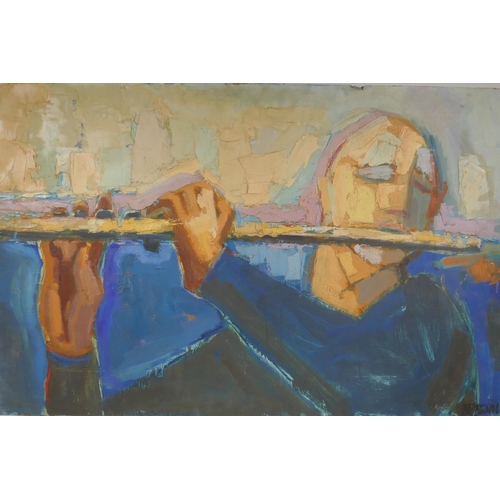 874 - Morris Nitsun, Man with a Flute, signed and dated (19)66, inscribed verso, impasto oil on board, unf... 