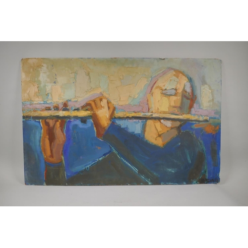 874 - Morris Nitsun, Man with a Flute, signed and dated (19)66, inscribed verso, impasto oil on board, unf... 