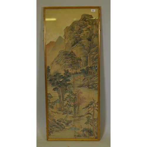 876 - Chinese watercolour painting on silk, mountainous landscape with travellers crossing a bridge, in a ... 