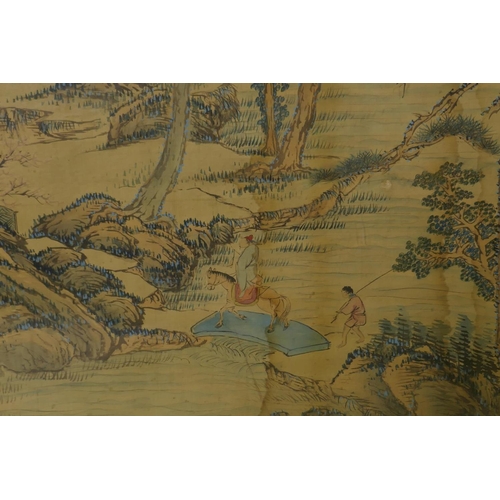 876 - Chinese watercolour painting on silk, mountainous landscape with travellers crossing a bridge, in a ... 