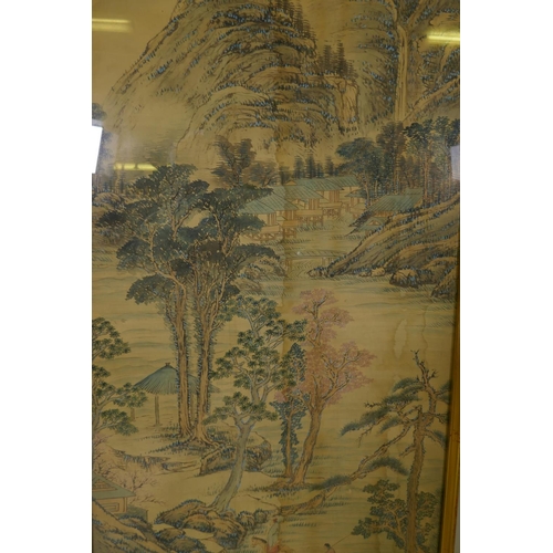 876 - Chinese watercolour painting on silk, mountainous landscape with travellers crossing a bridge, in a ... 