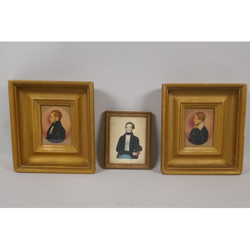 877 - A pair of C19th miniature portraits paintings on card, a young man, and a gentleman, and another min... 