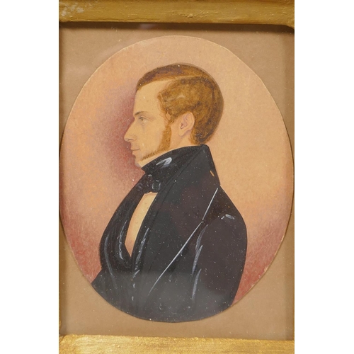 877 - A pair of C19th miniature portraits paintings on card, a young man, and a gentleman, and another min... 