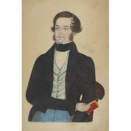 877 - A pair of C19th miniature portraits paintings on card, a young man, and a gentleman, and another min... 