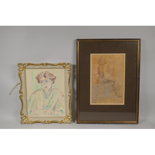 878 - R.O. Dunlop, portrait of a young lady, signed, watercolour and pencil, and a pencil drawing of a fem... 