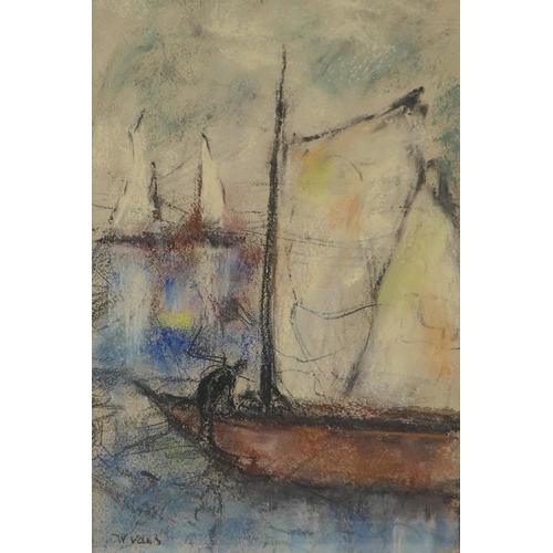 883 - Boats in a harbour, signed W. Vaes, impressionist style coloured chalk drawing, 36 x 22cm