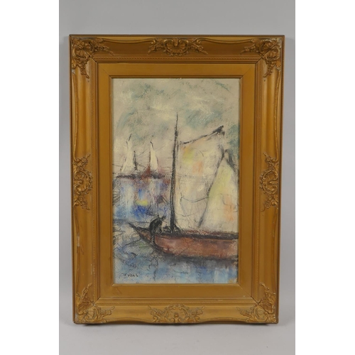 883 - Boats in a harbour, signed W. Vaes, impressionist style coloured chalk drawing, 36 x 22cm