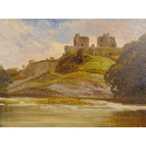 884 - Castle ruins by a river, C19th, indistinctly signed and inscribed verso A. Fraser, Kilgarran Castle,... 