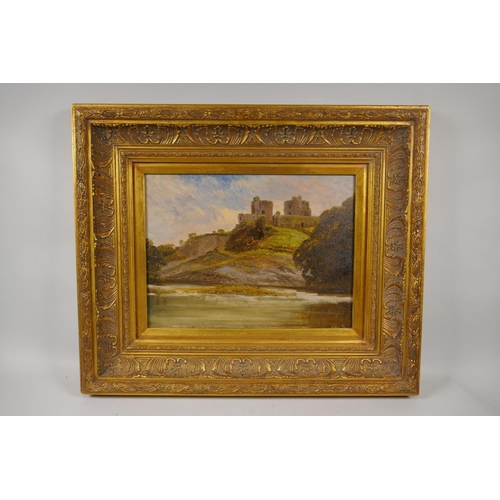 884 - Castle ruins by a river, C19th, indistinctly signed and inscribed verso A. Fraser, Kilgarran Castle,... 