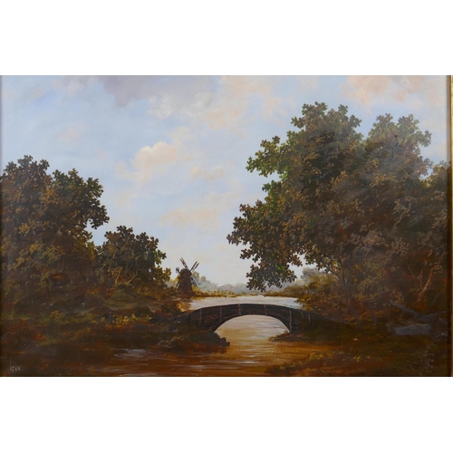 885 - English School, a wooded river landscape with stone bridge, monogrammed G.H., oil on canvas, 30 x 40... 