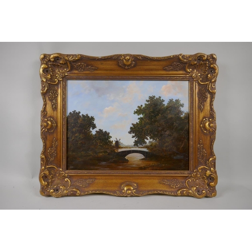 885 - English School, a wooded river landscape with stone bridge, monogrammed G.H., oil on canvas, 30 x 40... 