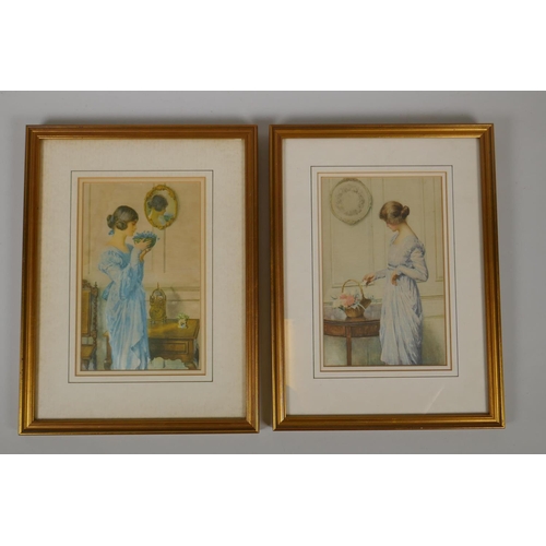 886 - A pair of 1920s/30s prints on silk after William Henry Margetson, (1861-1940) depicting women in int... 