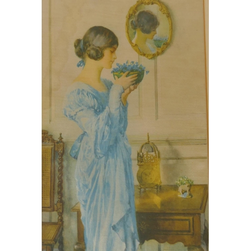 886 - A pair of 1920s/30s prints on silk after William Henry Margetson, (1861-1940) depicting women in int... 