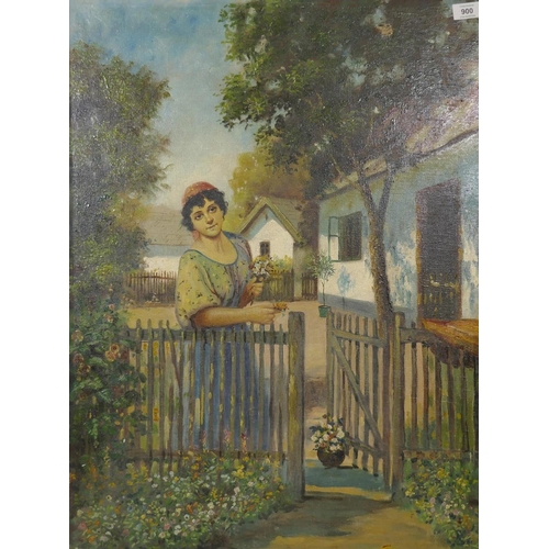 900 - Woman at a gate, signed indistinctly B. Veke...?, possibly East European, oil on canvas, unframed, 6... 