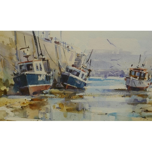 902 - Ray Balkwill, West Country Harbour at Low Tide, signed, watercolour, 12 x 36cm