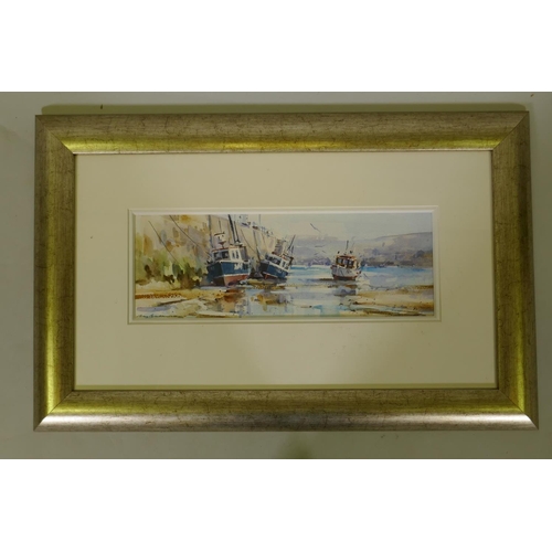 902 - Ray Balkwill, West Country Harbour at Low Tide, signed, watercolour, 12 x 36cm