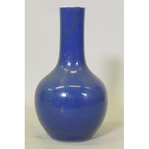 92 - Chinese blue glazed vase, AF, neck restuck, drilled base, 45cm high