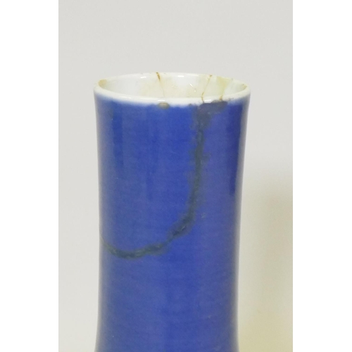 92 - Chinese blue glazed vase, AF, neck restuck, drilled base, 45cm high