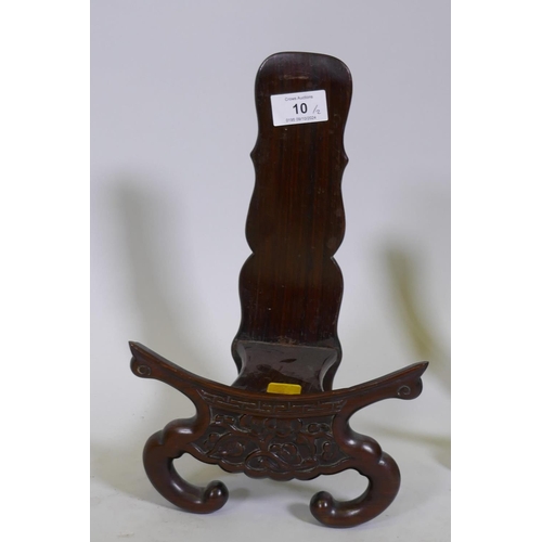 10 - Antique Chinese rosewood plate stand with carved floral decoration, 30cm high, and another similar a... 