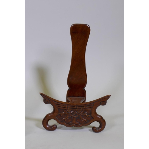 10 - Antique Chinese rosewood plate stand with carved floral decoration, 30cm high, and another similar a... 