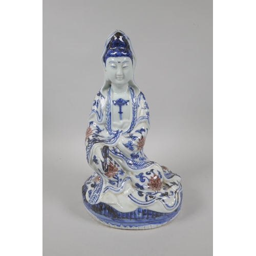 100 - A Chinese blue and white porcelain figure of Guanyin, Xuande 6 character mark to the reverse, 29cm h... 