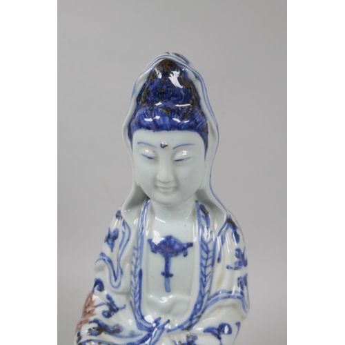 100 - A Chinese blue and white porcelain figure of Guanyin, Xuande 6 character mark to the reverse, 29cm h... 