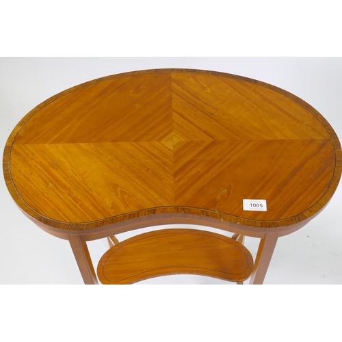 1005 - Edwardian satinwood kidney shaped occasional table, with rosewood crossbanded top and ebony stringin... 