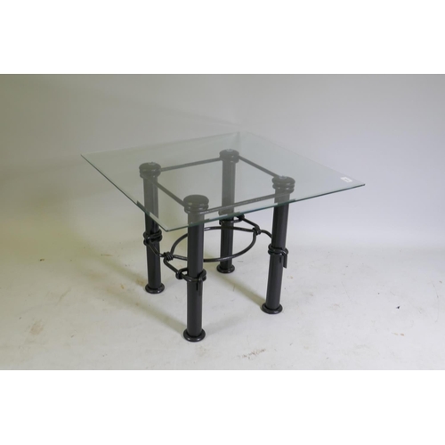 1015 - A contemporary glass top occasional table with painted wrought metal base, 70 x 70 x 51cm