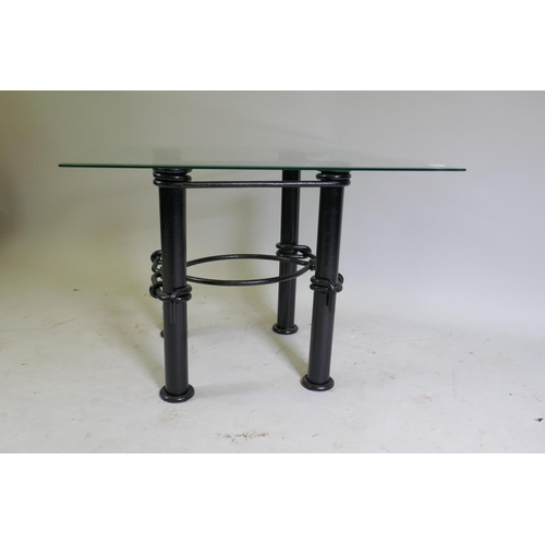 1015 - A contemporary glass top occasional table with painted wrought metal base, 70 x 70 x 51cm