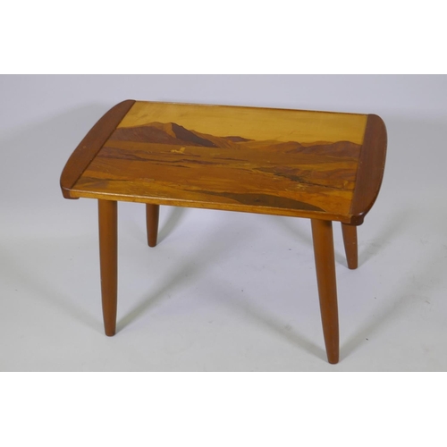 1016 - A mid century marquetry inlaid top occasional table, with detachable legs, 72 x 45 x 46cm