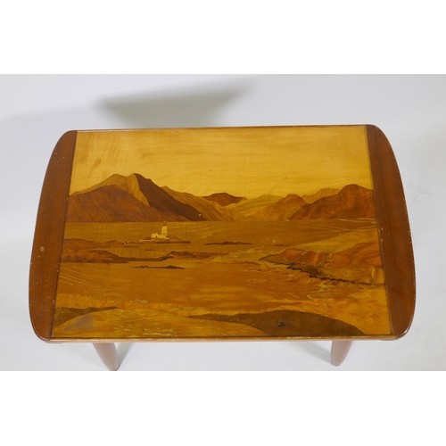 1016 - A mid century marquetry inlaid top occasional table, with detachable legs, 72 x 45 x 46cm