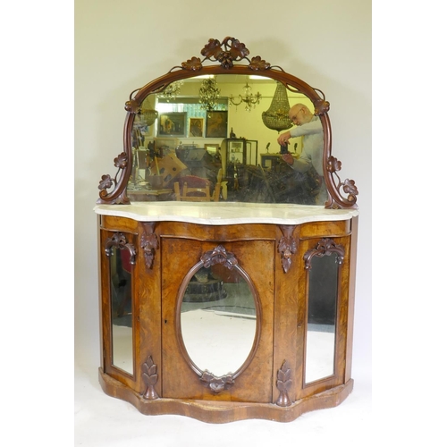 1020 - A Victorian mirror back chiffonier, the serpentine shaped base with Carrera marble top over three ar... 