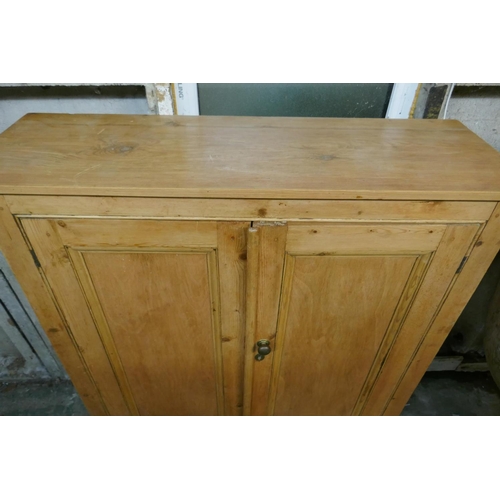 1039 - Victorian stripped pine two door cupboard, raised on a plinth base, 100 x 34 x 117cm