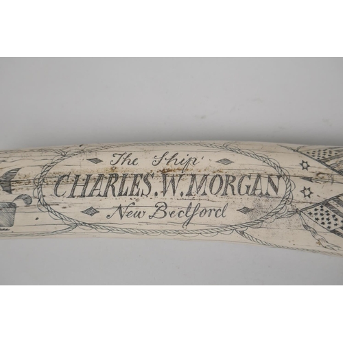 104 - A composition carved and moulded scrimshaw depicting the whaler The Charles W. Morgan, sailing out o... 