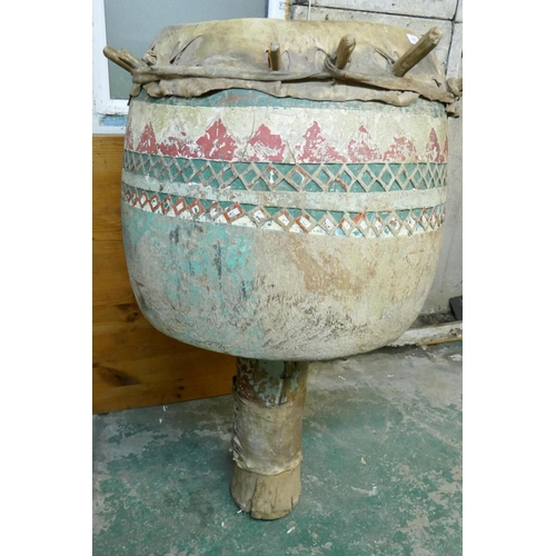 1051 - A large African Zambian carved and painted wood Tonga Budima goblet drum, 120cm high x 75cm diameter