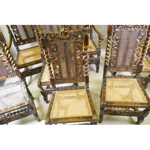 1055 - A set of two plus six walnut William and Mary style chairs with carved and pierced backs flanked by ... 