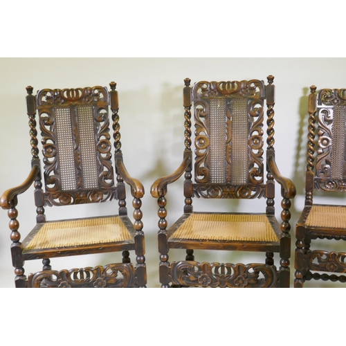 1055 - A set of two plus six walnut William and Mary style chairs with carved and pierced backs flanked by ... 