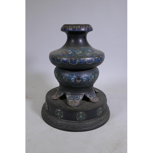 1057 - An oriental bronze and cloisonne lamp base, 59cm high