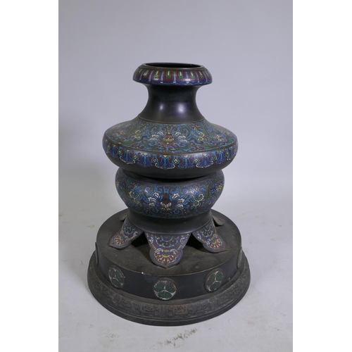 1057 - An oriental bronze and cloisonne lamp base, 59cm high