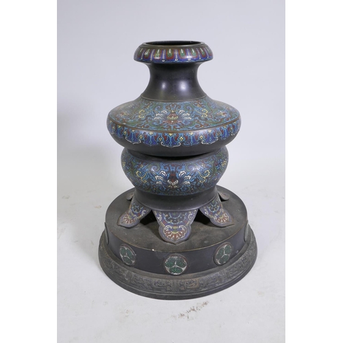 1057 - An oriental bronze and cloisonne lamp base, 59cm high