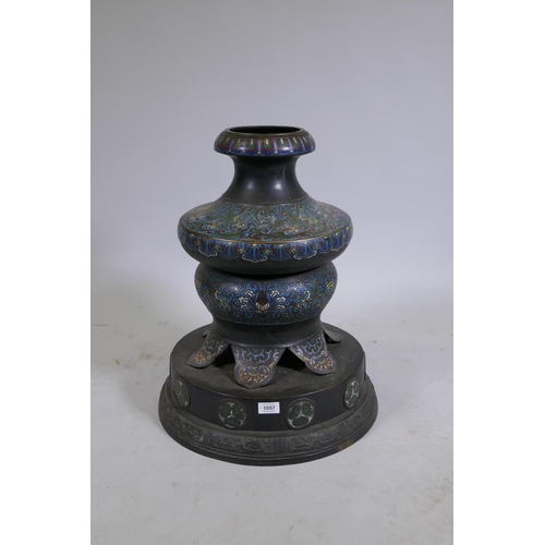 1057 - An oriental bronze and cloisonne lamp base, 59cm high