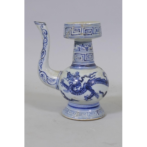 106 - Chinese blue and white ceramic wine vessel with dragon decoration, 20cm high